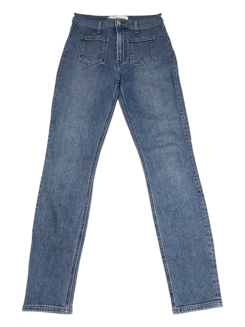 Reformation High Skinny Crop Patch Pocket Jeans Medium Blue Wash 70s Vibe 26